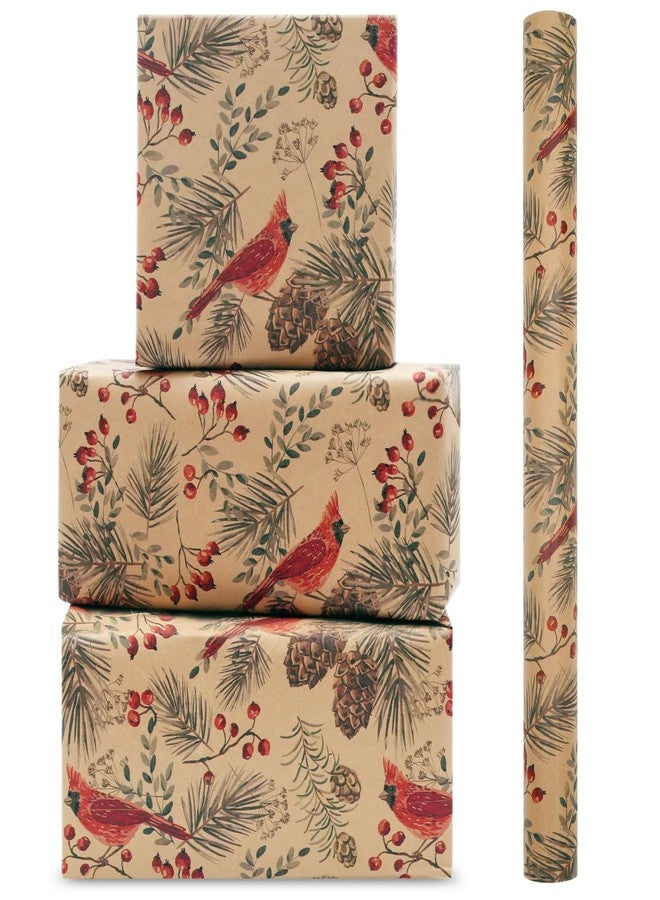 AirCool Cardinal Birds Winter Forest Woodland Berries Pine Cone Kraft Brown Christmas Wrapping Paper-1 Mini Roll 17 X 10ft-Per roll Gift Wrap for Winter Holidays, Xmas, Weddings, Birthday, Bird Lover - Image 1
